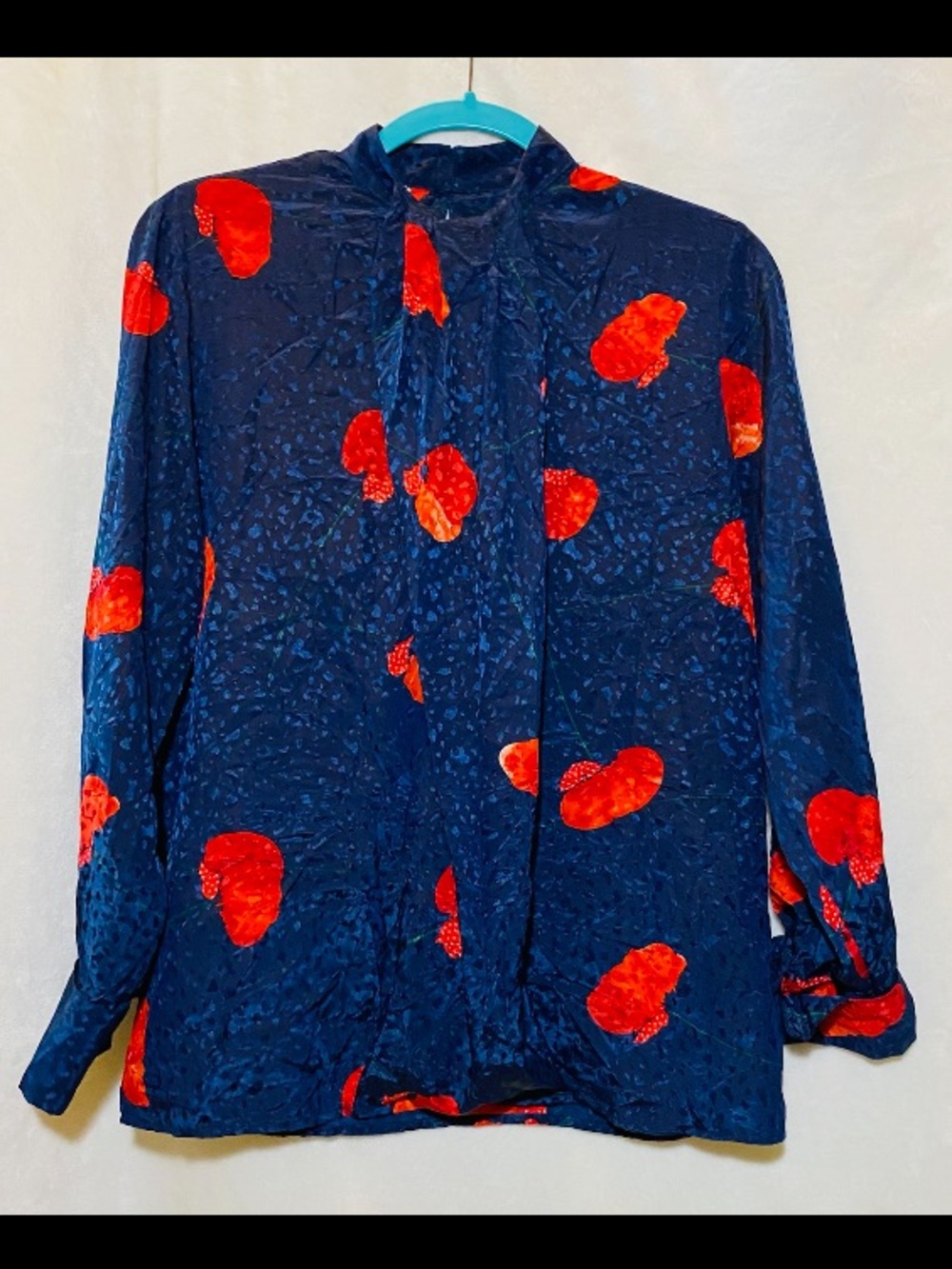 Women's Navy Floral Long-Sleeve Blouse with Red Poppy Print
